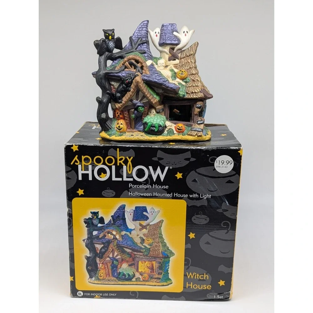 Vtg Spooky Hollow Witch House Porcelain Halloween Village Lighted Town Joann